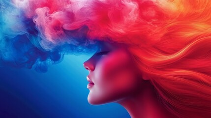 Fototapeta premium A woman with red and blue smoke coming out of her head