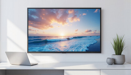 Fototapeta premium Modern TV displaying serene ocean sunset in contemporary office, relaxation