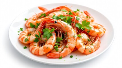 Freshly Cooked Rock Shrimp Garnished with Parsley on a White Plate with white background. Generative AI