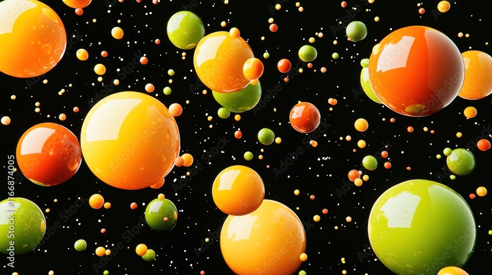 Poster colorful glossy spheres float in a dark space