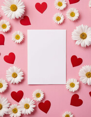 Top view of a blank white card surrounded by white flowers and red heart shapes on a pink background. Suitable for Valentine's Day, love messages, and romantic invitations.