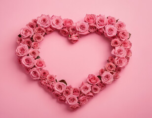 A heart made out of roses on a pink background with plenty of negative space as copy space