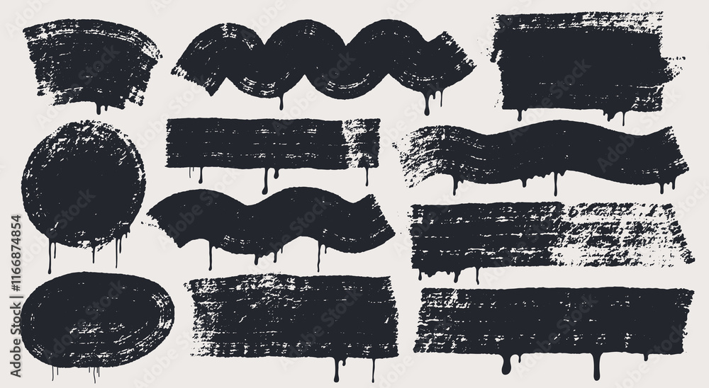 Poster set of black painted strokes with drips rectangles collection. vector grunge long text boxes or text