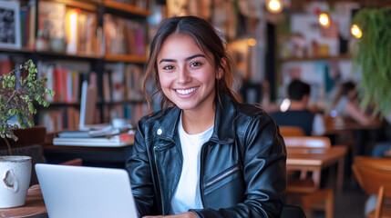 Hispanic woman in black leather jacket working with a laptop at library cafe