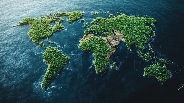 Lush green world map on blue ocean.