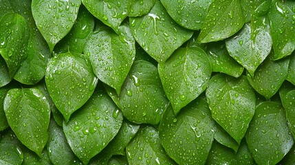 A close up of green leaves with water droplets on them