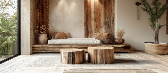 Rustic and minimalist bedroom design featuring a cozy and serene atmosphere with wooden furniture natural textures and calming decor elements  The space offers a tranquil retreat for rest relaxation