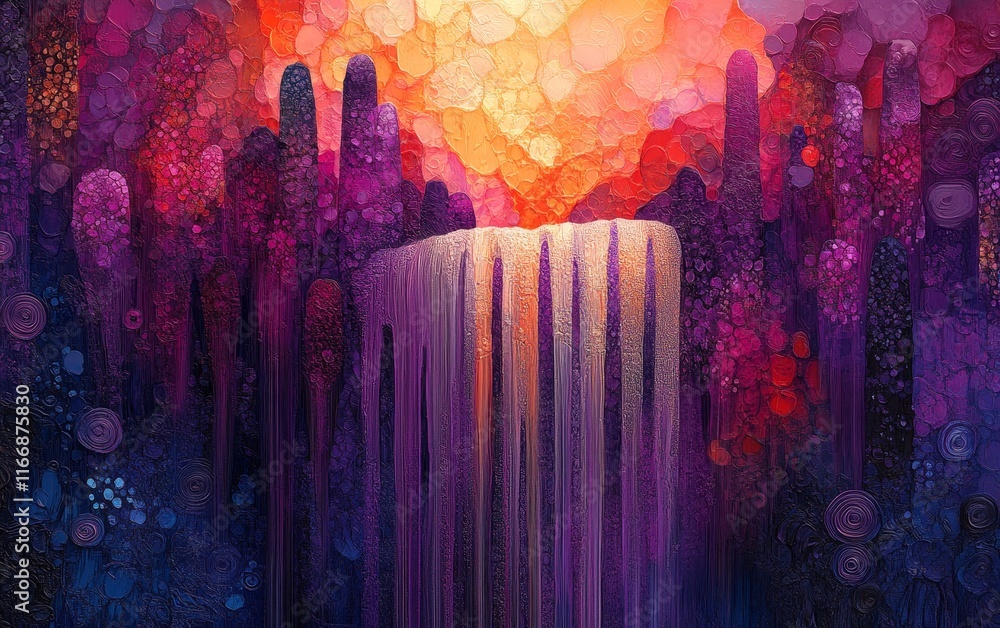 Poster digital waterfalls ripple through vibrant, glowing abstract patterns., generative ai