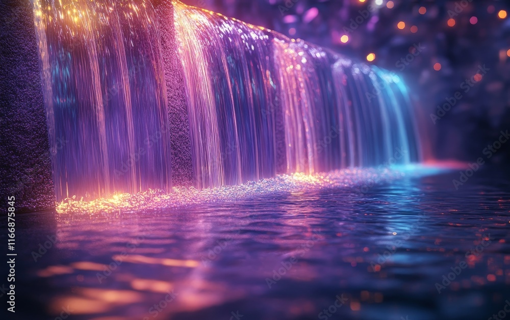 Poster digital waterfalls ripple through vibrant, glowing abstract patterns., generative ai