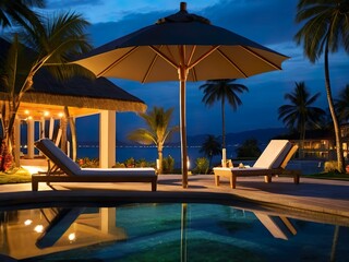 Fototapeta premium Poolside Lounge with Umbrella and Palm Trees at Night