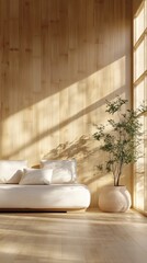 Fototapeta premium Cozy and Calming Minimalist Bedroom Sanctuary Bathed in Natural Sunlight with Wooden Accents and Potted Plant Providing a Peaceful Retreat for Relaxation and Rejuvenation