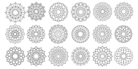 Set of intricate black and white mandala patterns for coloring or design