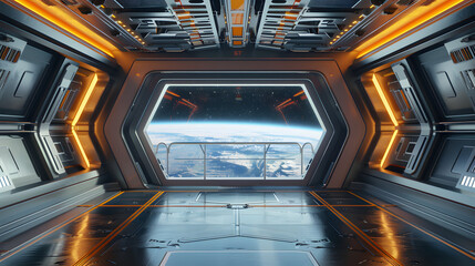 Cinematic 3D rendering of science fiction spaceship interior with staircase to upper deck and window view of planet surface