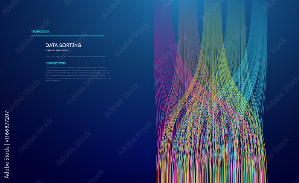 Poster data sorting colorful lines background. data flow technology illustration. big data blue technology 