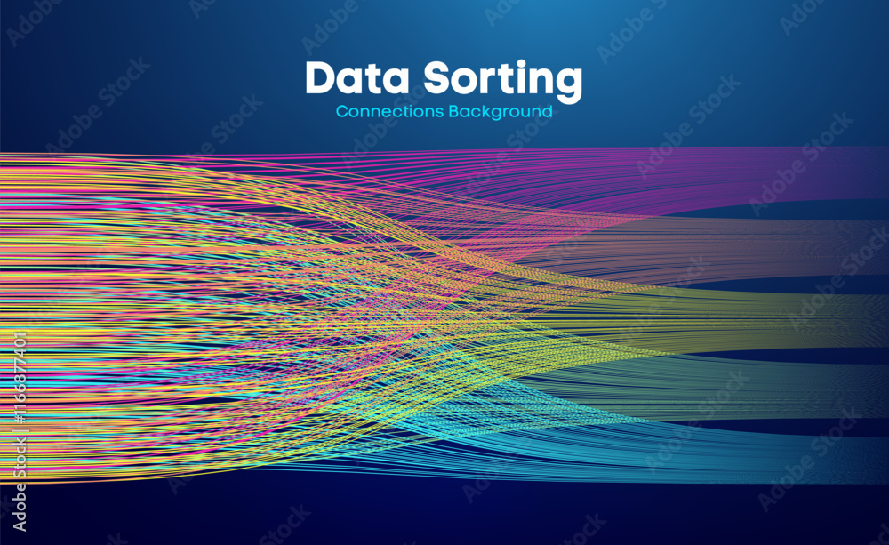 Poster data sorting colorful lines background. data flow technology illustration. big data blue technology 