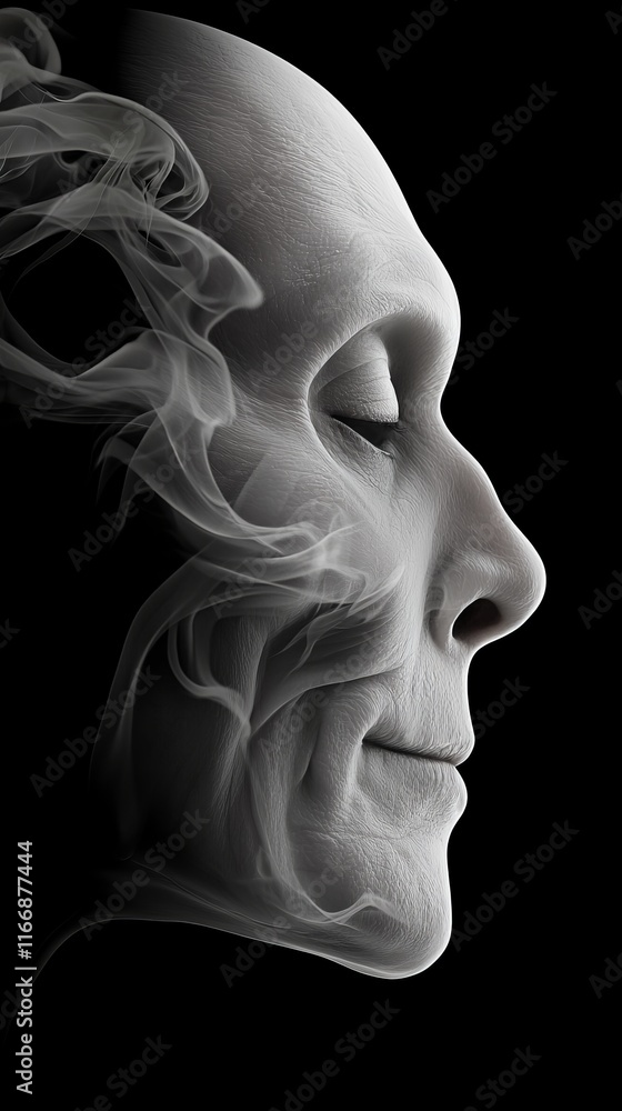 Poster  A black and white photo of a woman's face with smoke coming out of her mouth