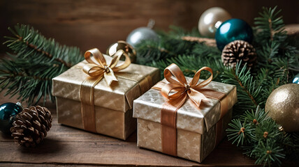 New Year's gifts wrapped in festive paper, surrounded by sparkling decorations, elegantly displayed on a rustic wooden surface