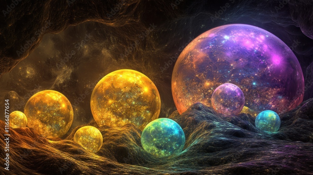 Poster celestial bodies resting on a fractal landscape