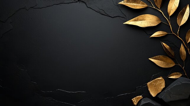 A black background with gold leaves and rocks