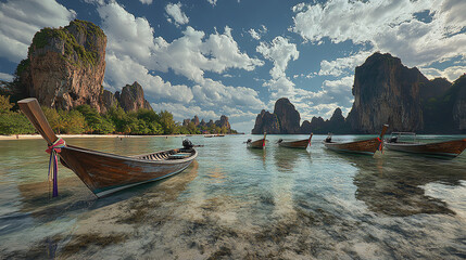 panoramic view of Railay Beach in southern Thailand showcases traditional wooden boats floating on clear turquoise waters, surrounded by dramatic limestone cliffs under partly cloudy sky