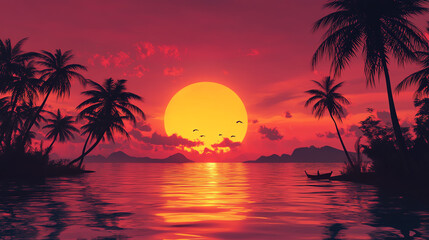Fototapeta premium romantic sunset over sea in southern Thailand with vibrant colors, silhouetted palm trees, and serene atmosphere. sun sets behind distant islands, creating picturesque view