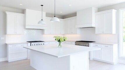 Modern white kitchen with an island and natural light.