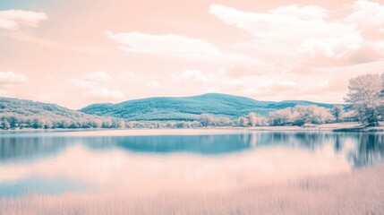 Obraz premium Vintage Serenity: Tranquil Duotone Mountain Lake in Soft Pinks and Deep Blues