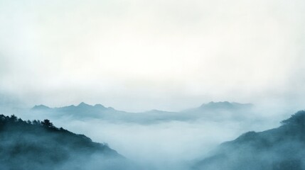 Fototapeta premium Tranquil Misty Coastline at Dawn in Captivating Duotone - Serene Seascape with Soft Blues and Muted Greys