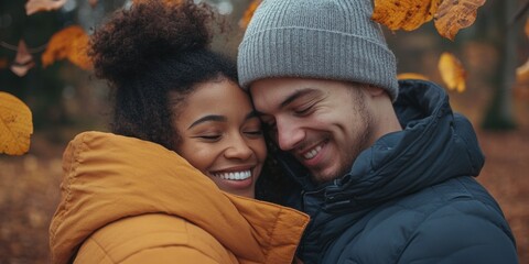 Fototapeta premium A Heartwarming Fall Scene with Two People Embracing
