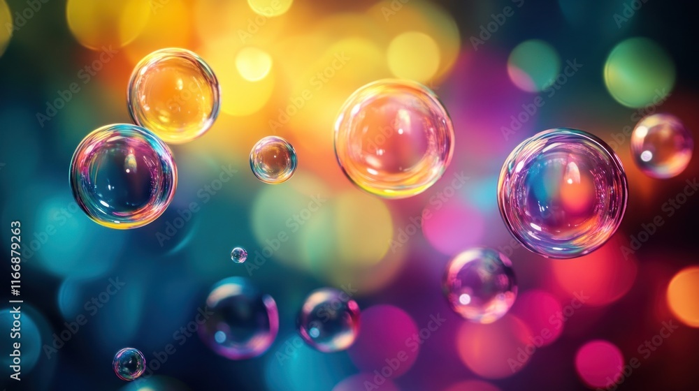 Aufkleber colorful iridescent bubbles float against a bokeh background
