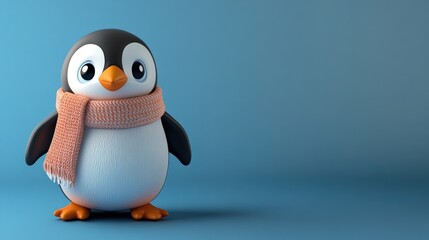Fototapeta premium Adorable Penguin Wearing A Knitted Scarf Against Blue Background