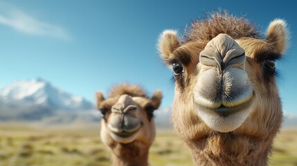 Obraz premium A couple of camels standing next to each other in a field