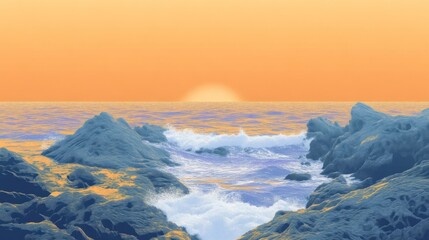 Tranquil Sunset at Coastal Cliffs - Duotone Vintage Seascape in Teal and Peach Tones with Grainy Texture