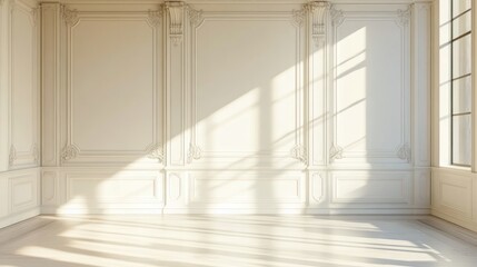 Obraz premium Sunlit Room With Elegant White Paneling And Wood Floor