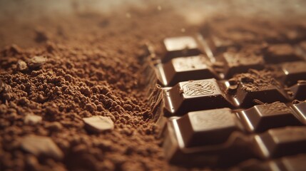 Dark Chocolate Bar Resting On Cocoa Powder