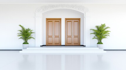Elegant entrance with double doors and potted plants.