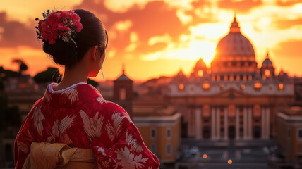 夕日の中のバチカン市国と着物姿の女性の調和