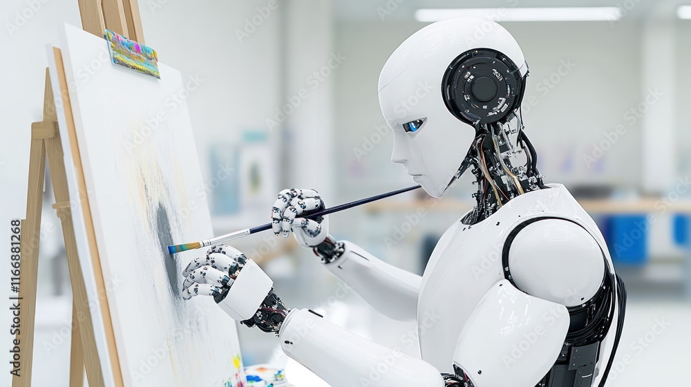Poster a robot painting on an easel in a modern studio setting.