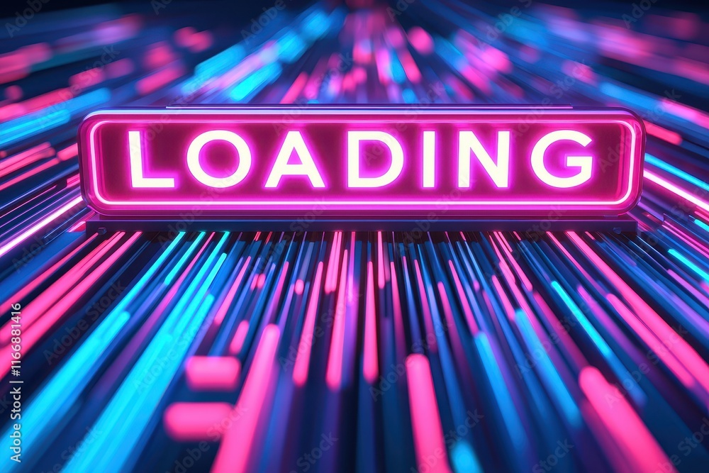 Poster neon loading sign on abstract pink and blue digital data stream background