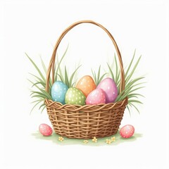 Naklejka premium Colorful Easter eggs in a woven basket surrounded by grass and flowers during springtime
