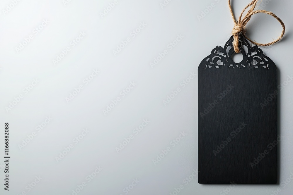 Poster intricate black tag with cutout patterns minimalist setting decorative item indoor close-up craftsma