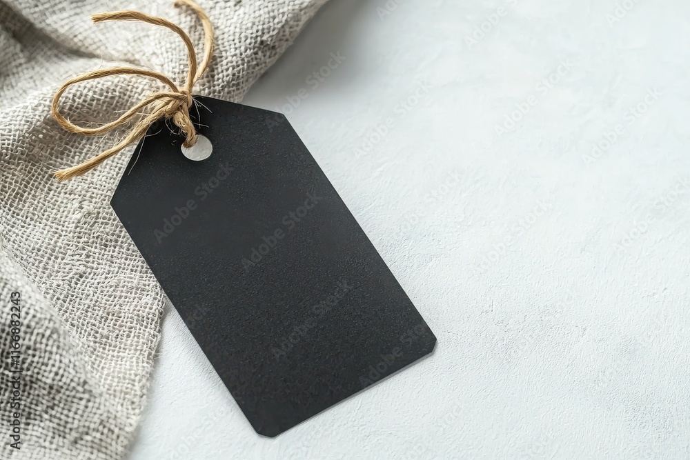 Poster pricing tag placement on white surface minimalist design product photography studio setting close-up