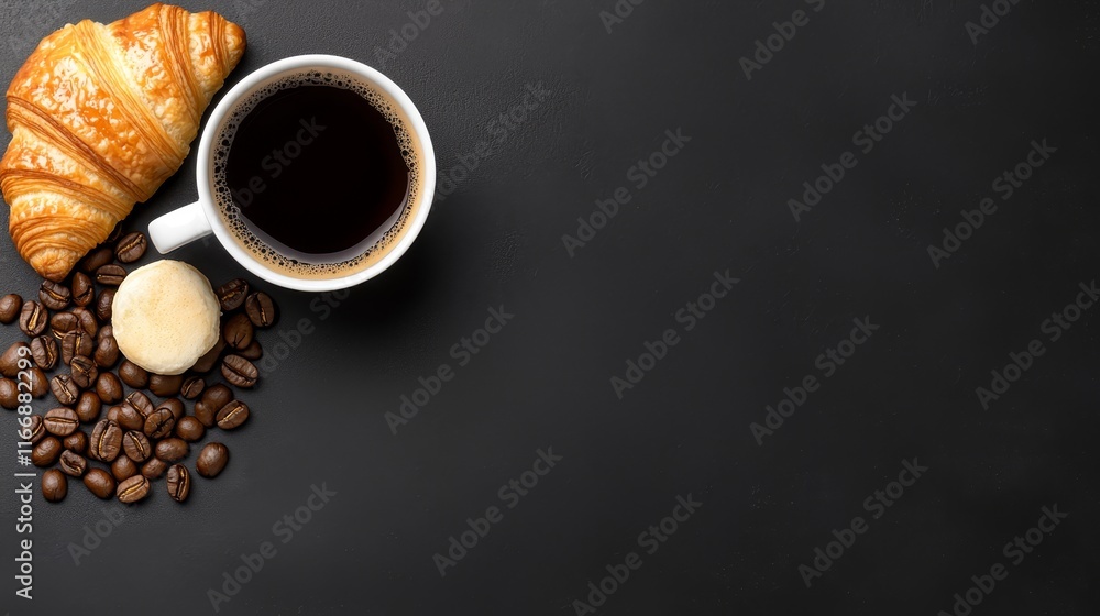 Wall mural A cup of coffee, a croissant and coffee beans on a black background