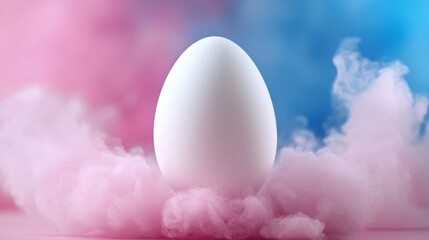 A white egg sitting on top of a cloud of pink and blue smoke
