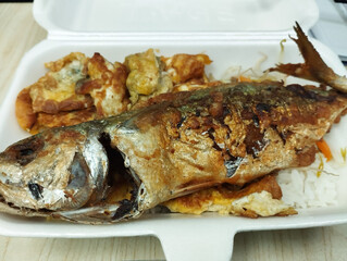 mixed vegetable rice with fried fish