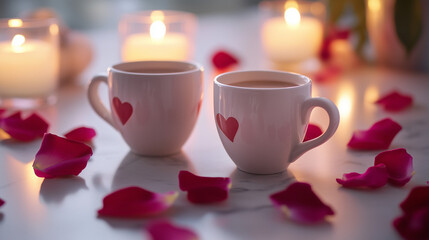 Fototapeta premium Romantic Coffee Table Setting with Heart Shaped Mugs Rose Petals and Candlelight Ambiance