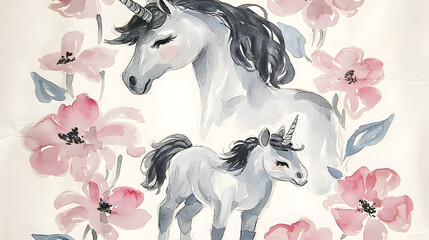 Elegant unicorns surrounded by pink blossoms