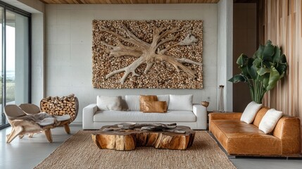 A cozy and inviting minimalist living room with natural wood and stone accents creating a warm and serene atmosphere  The clean contemporary design and earthy