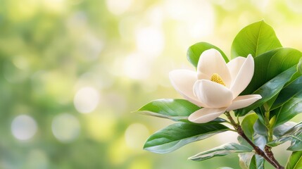 Fototapeta premium A white flower on a tree branch with green leaves