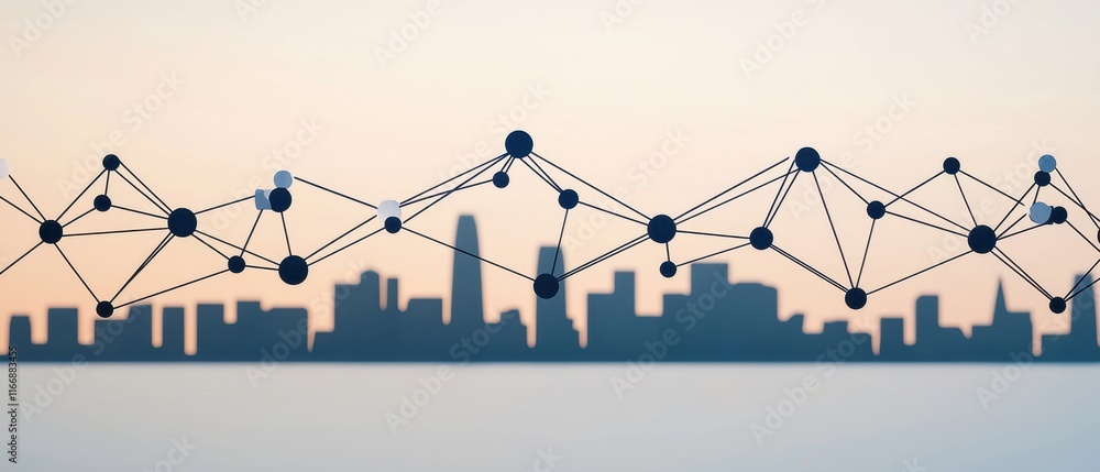 Poster global network connection cityscape silhouette with interconnected nodes